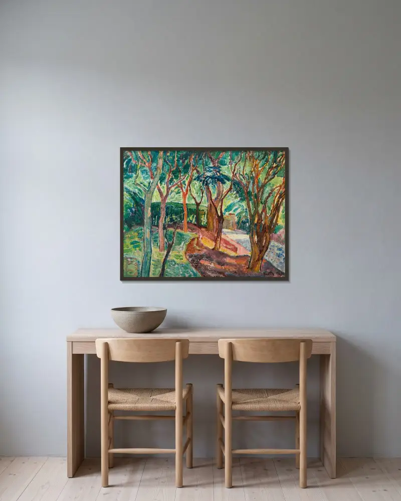 Vår fruktträdgård av Leo Putz inramad på en vägg