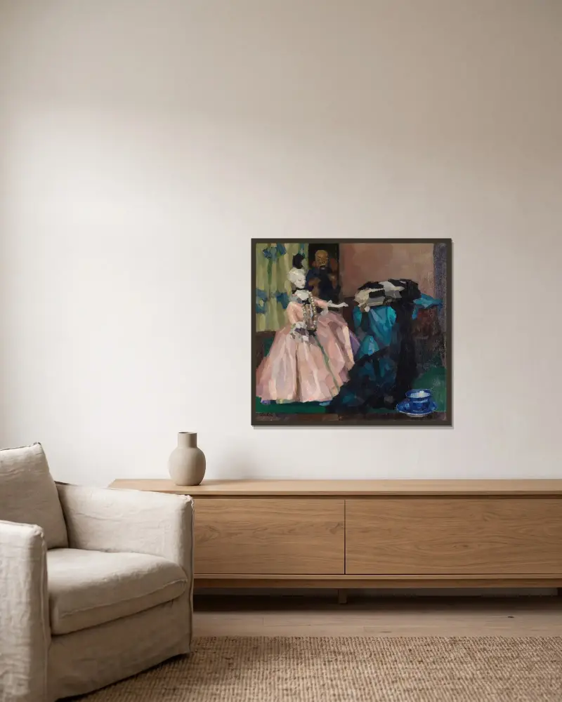 Weiße Puppe von Leo Putz gerahmt an einer Wand