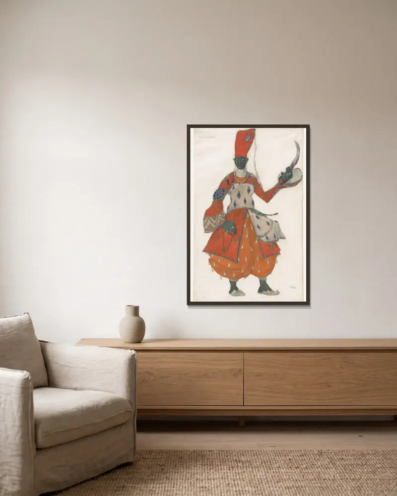 Costume Design for a Eunuch in Scheherazade av Léon Bakst inramad på en vägg