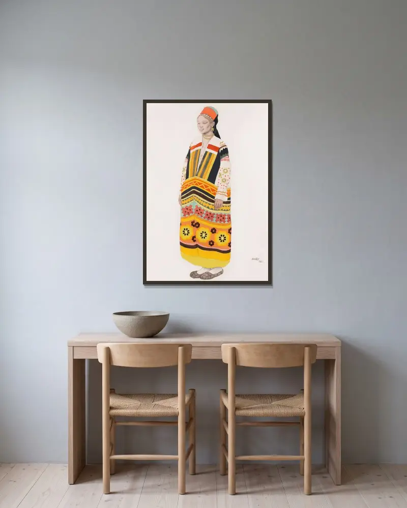 Kostymdesign för en ung bondflicka av Léon Bakst inramad på en vägg