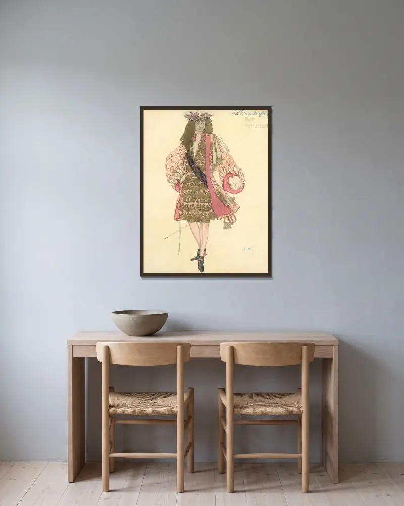 Kostymdesign för akt II av Le Prince Anglais av Léon Bakst inramad på en vägg