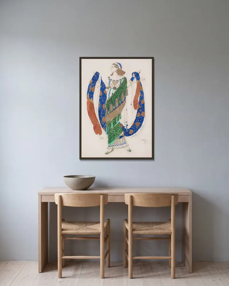Kostymdesign för en orientalisk dansös av Léon Bakst inramad på en vägg