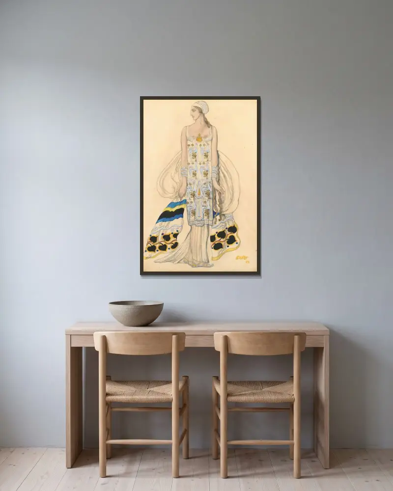 Kostymdesign för Ida Rubinstein i Fèdre av Léon Bakst inramad på en vägg