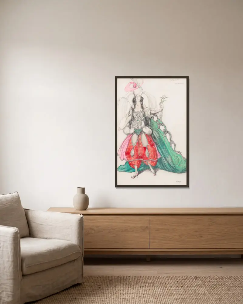 Kostymdesign för Jane Marnac av Léon Bakst inramad på en vägg