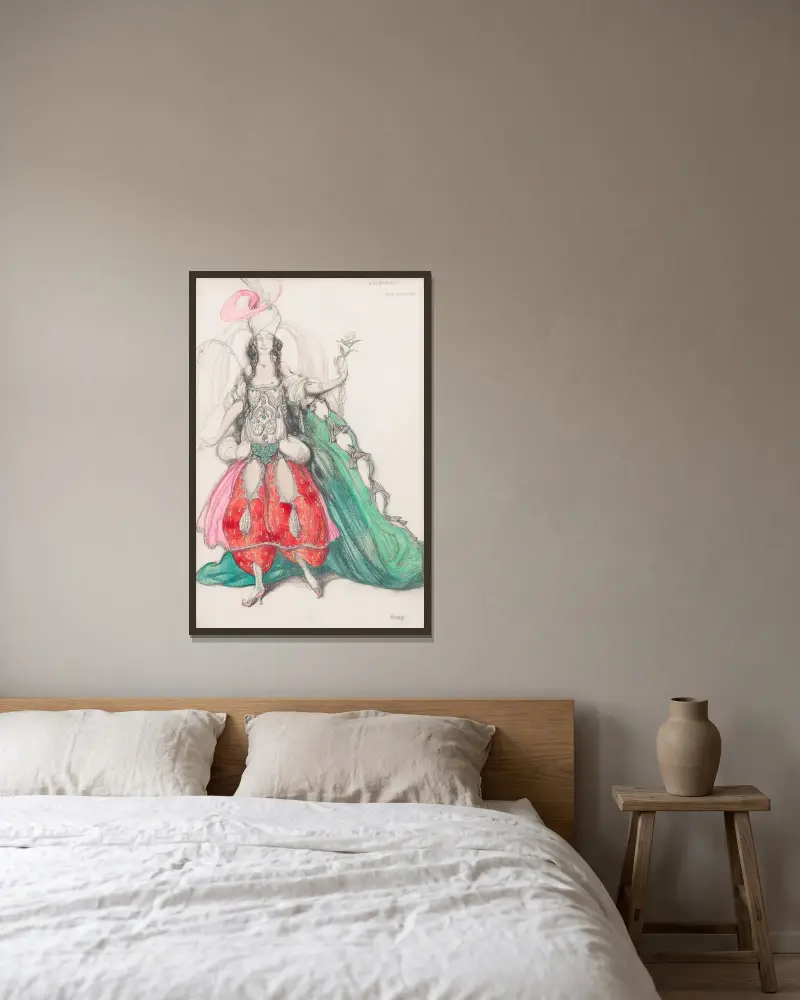 Kostymdesign för Jane Marnac av Léon Bakst inramad på en vägg