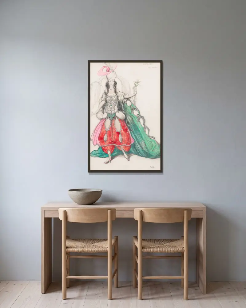 Kostymdesign för Jane Marnac av Léon Bakst inramad på en vägg