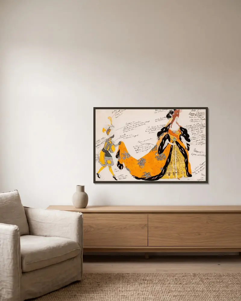 Kostymdesign för 'Törnrosa'; hovdam med page som bär släpet av Léon Bakst inramad på en vägg