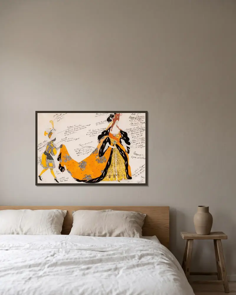 Kostymdesign för 'Törnrosa'; hovdam med page som bär släpet av Léon Bakst inramad på en vägg