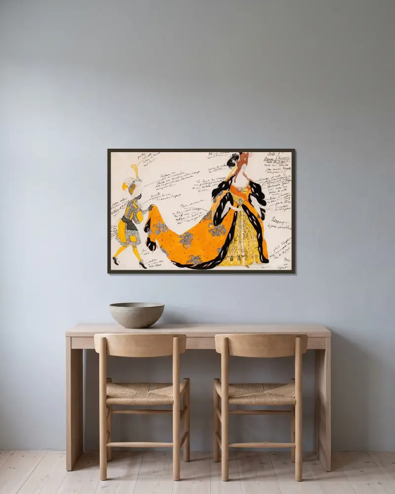 Kostymdesign för 'Törnrosa'; hovdam med page som bär släpet av Léon Bakst inramad på en vägg