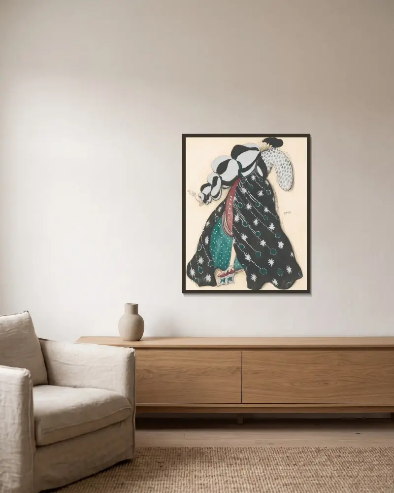 Kostymdesign för Potifars hustru i Legenden om Josef av Léon Bakst inramad på en vägg