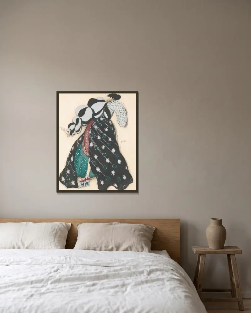 Kostymdesign för Potifars hustru i Legenden om Josef av Léon Bakst inramad på en vägg