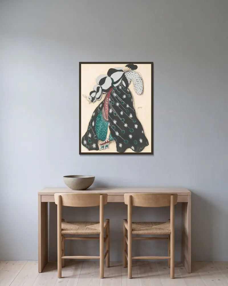 Kostymdesign för Potifars hustru i Legenden om Josef av Léon Bakst inramad på en vägg