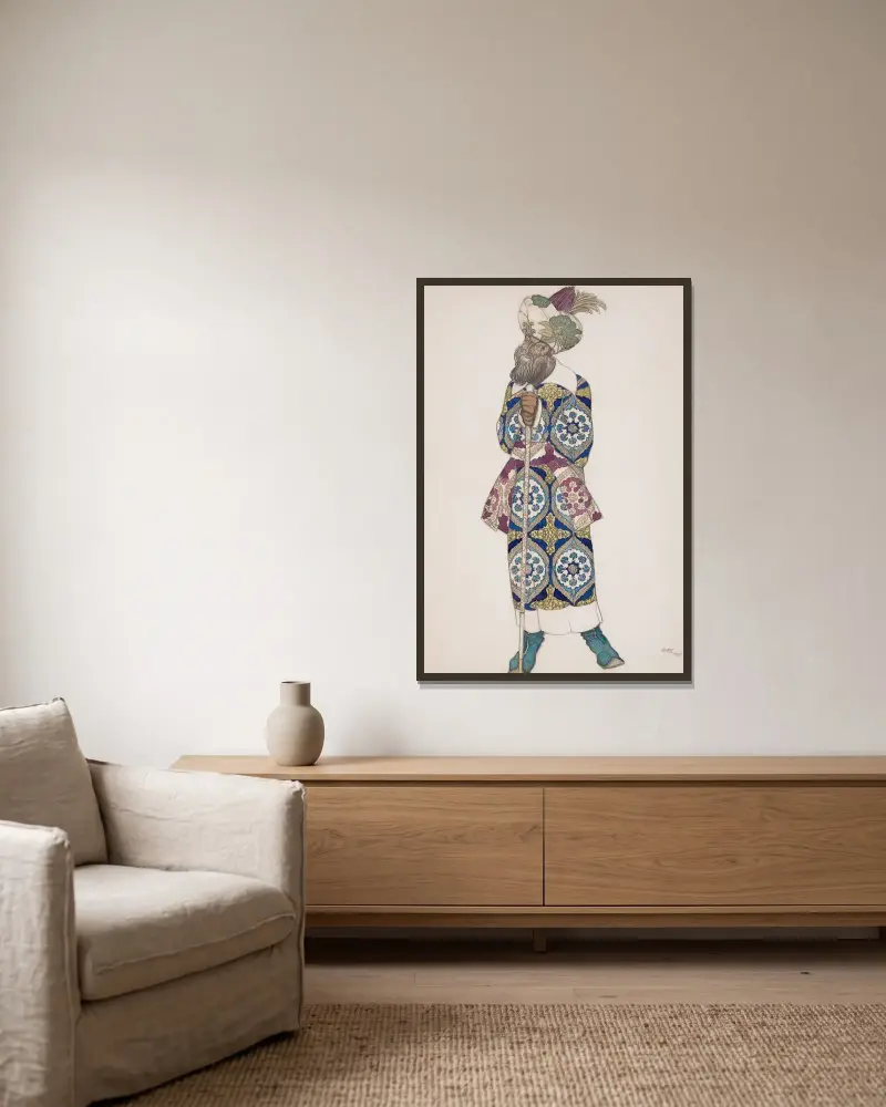 Costume design for ‘Sadko’; Indian guest av Léon Bakst inramad på en vägg