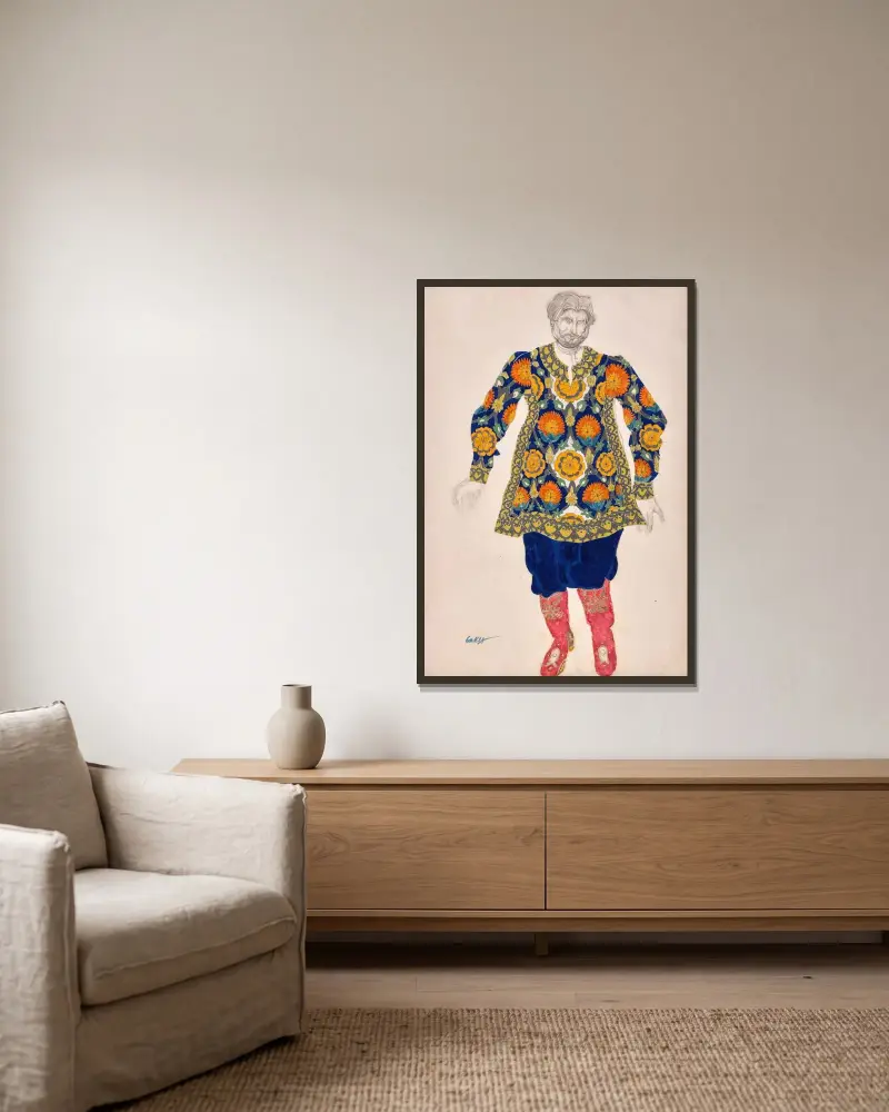 Kostymdesign för ”Sadko”; Man i broderad skjorta och röda stövlar av Léon Bakst inramad på en vägg