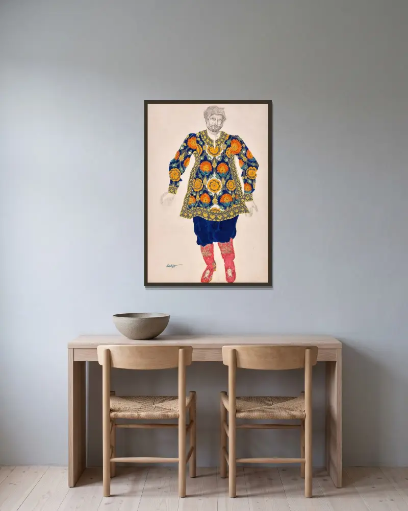 Kostymdesign för ”Sadko”; Man i broderad skjorta och röda stövlar av Léon Bakst inramad på en vägg