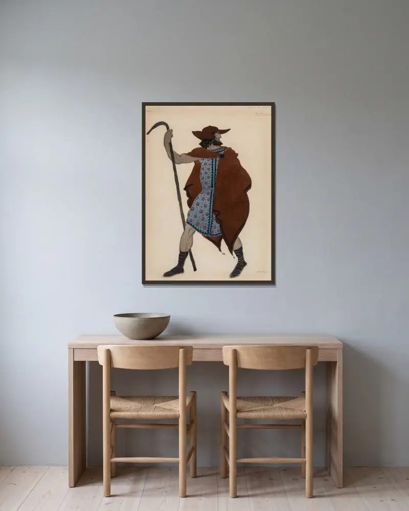 Kostymdesign för främlingen i 'Oidipus i Kolonos' av Léon Bakst inramad på en vägg