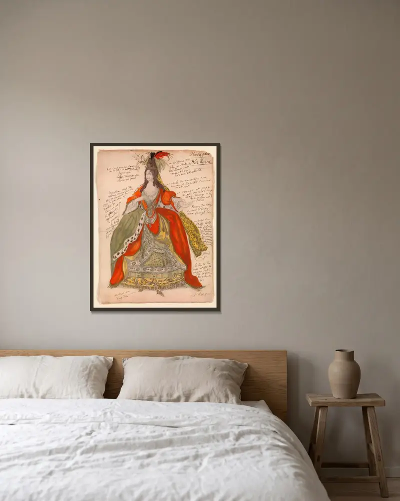Kostymdesign för drottningen i 'Törnrosa' av Léon Bakst inramad på en vägg