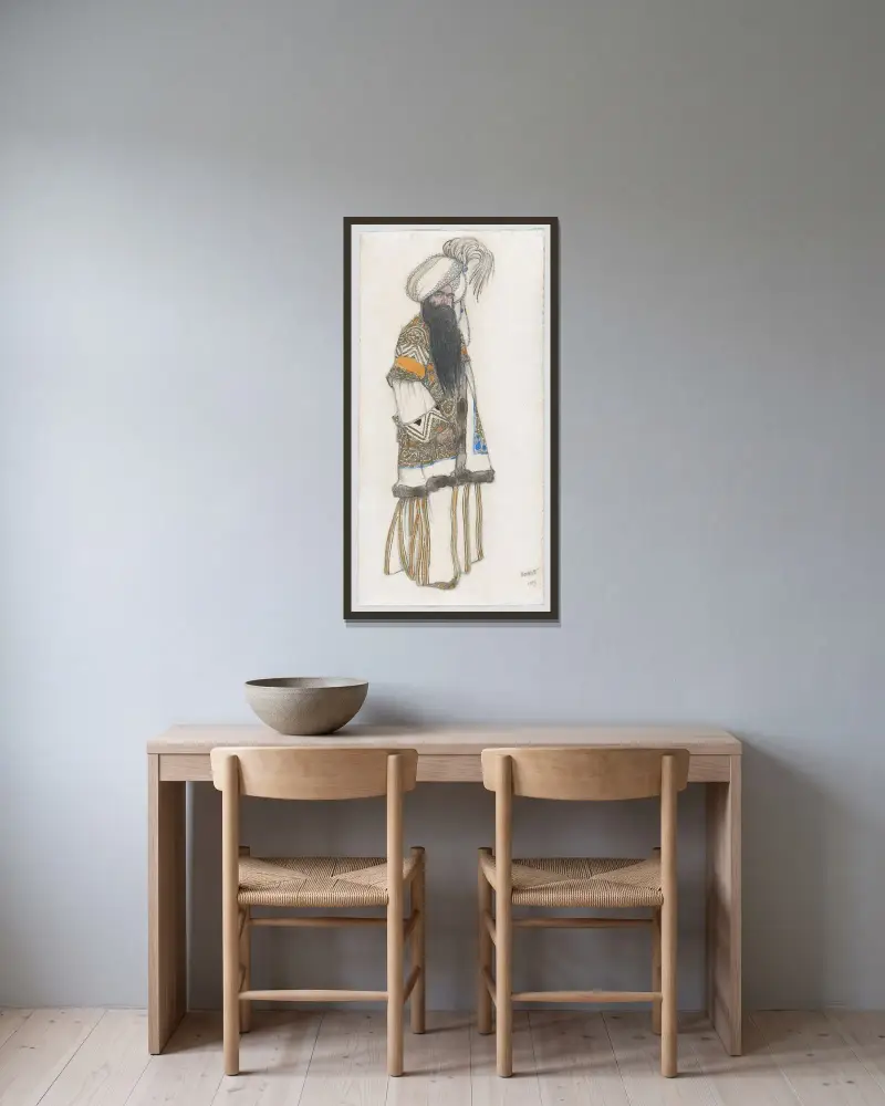 Kostymdesign för ’Sultan Samarkand’ till baletten ’Schéhérazade’ av Léon Bakst inramad på en vägg