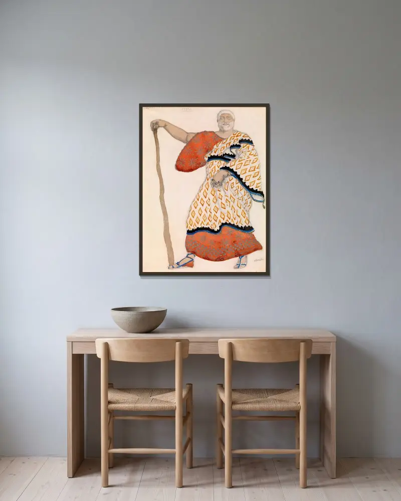 Kostymdesign för Theseus i 'Oidipus i Kolonos' av Léon Bakst inramad på en vägg