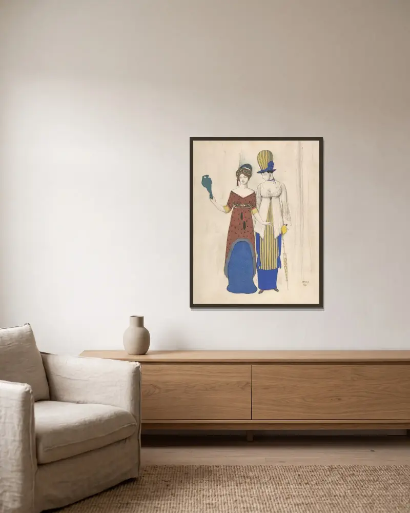 Fantaisie über die moderne Kostümierung; zwei weibliche Haute-Couture-Figuren von Léon Bakst gerahmt an einer Wand