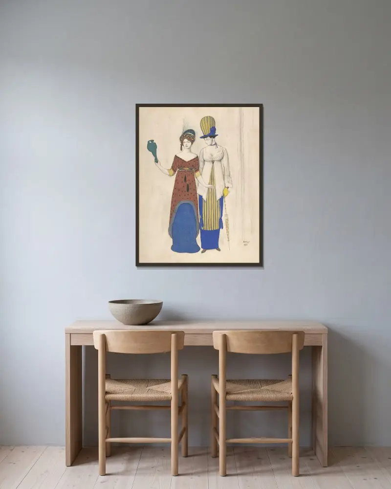 Fantaisie über die moderne Kostümierung; zwei weibliche Haute-Couture-Figuren von Léon Bakst gerahmt an einer Wand
