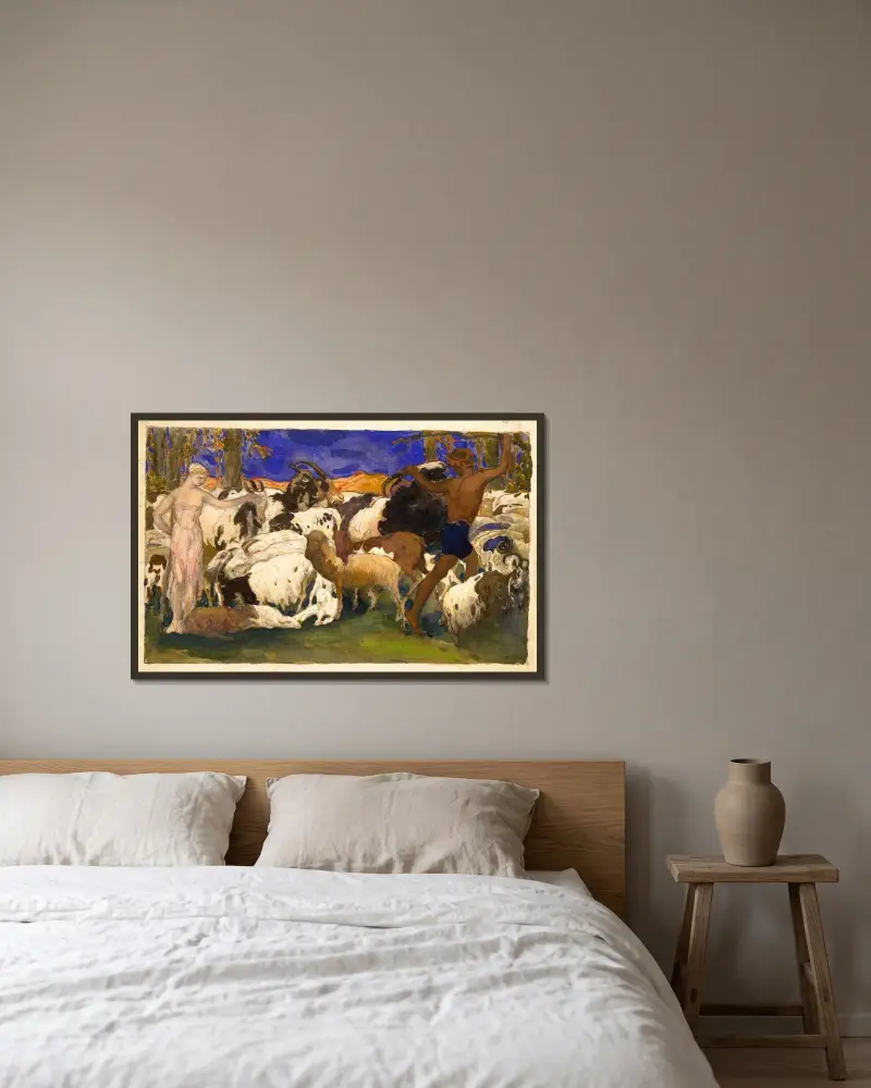 Landskap med herdar, scenografi till baletten ”Daphnis och Chloé” av Léon Bakst inramad på en vägg