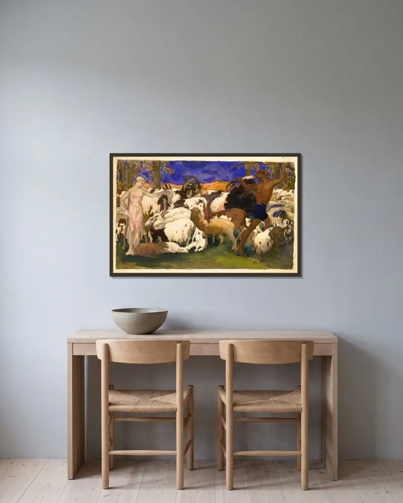 Landskap med herdar, scenografi till baletten ”Daphnis och Chloé” av Léon Bakst inramad på en vägg