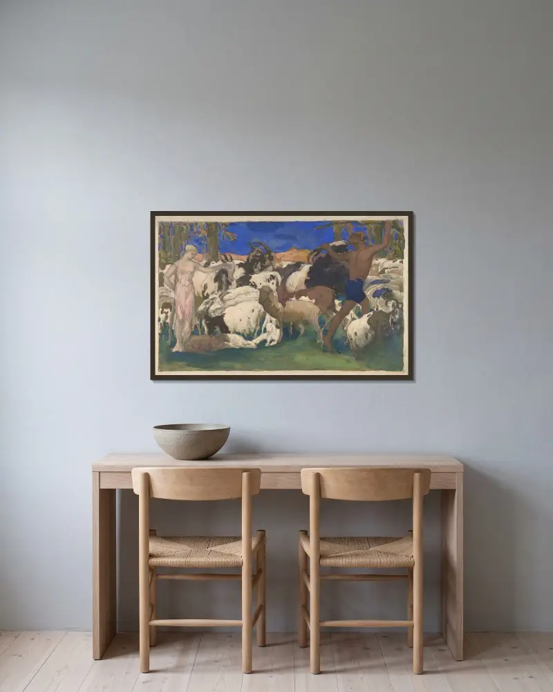 Landskap med herdar, scenografi till baletten 'Daphnis och Chloé' av Léon Bakst inramad på en vägg