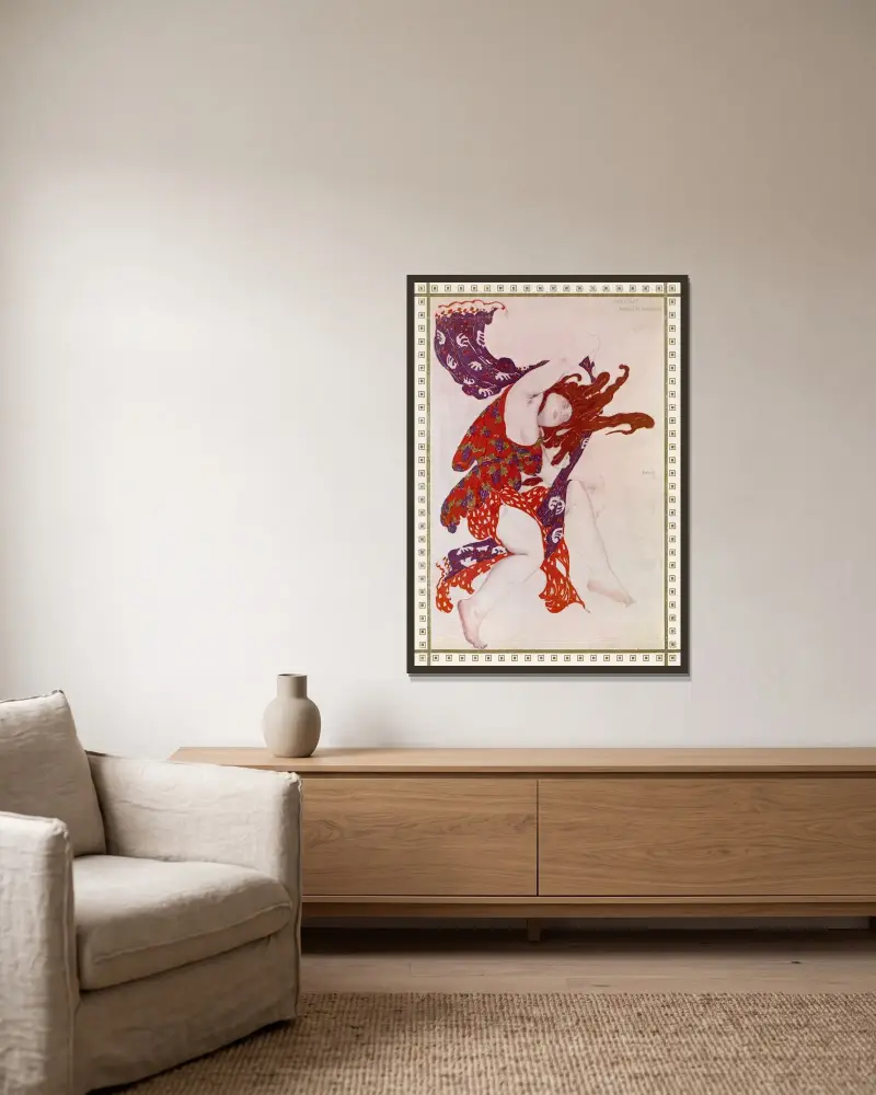 Première Bacchante de ‘Narcisse’ av Léon Bakst inramad på en vägg