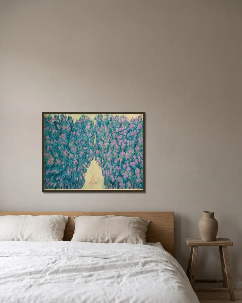 Scenografi för 'Törnrosa'; Syrenernas blomning av Léon Bakst inramad på en vägg