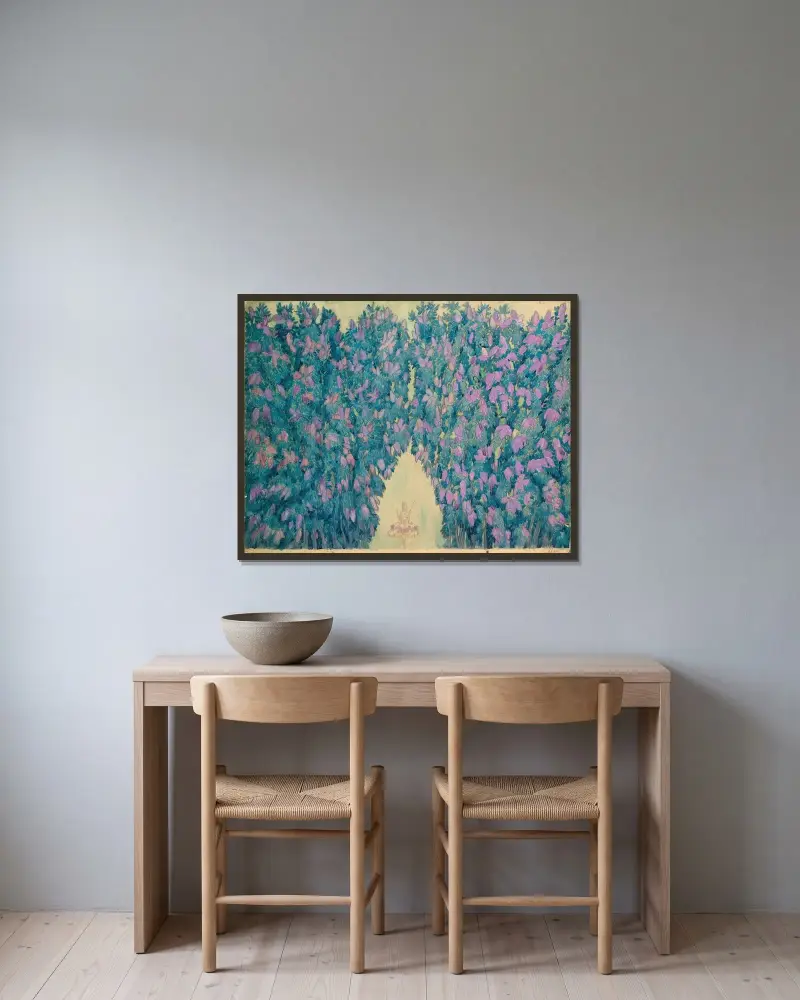 Scenografi för 'Törnrosa'; Syrenernas blomning av Léon Bakst inramad på en vägg