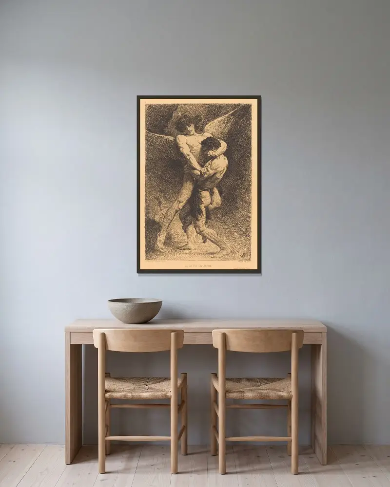 Jakobs kamp med ängeln av Léon Bonnat inramad på en vägg