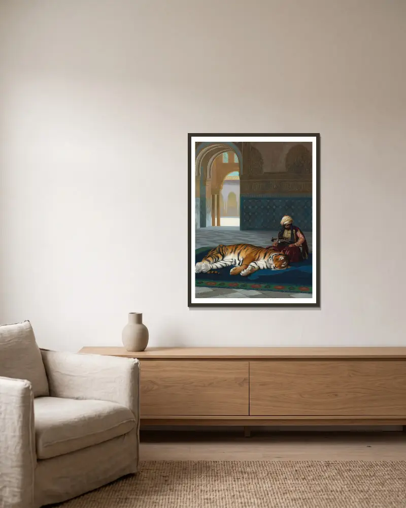 Le Tigre Et Le Gardien av Jean-Léon Gérôme inramad på en vägg