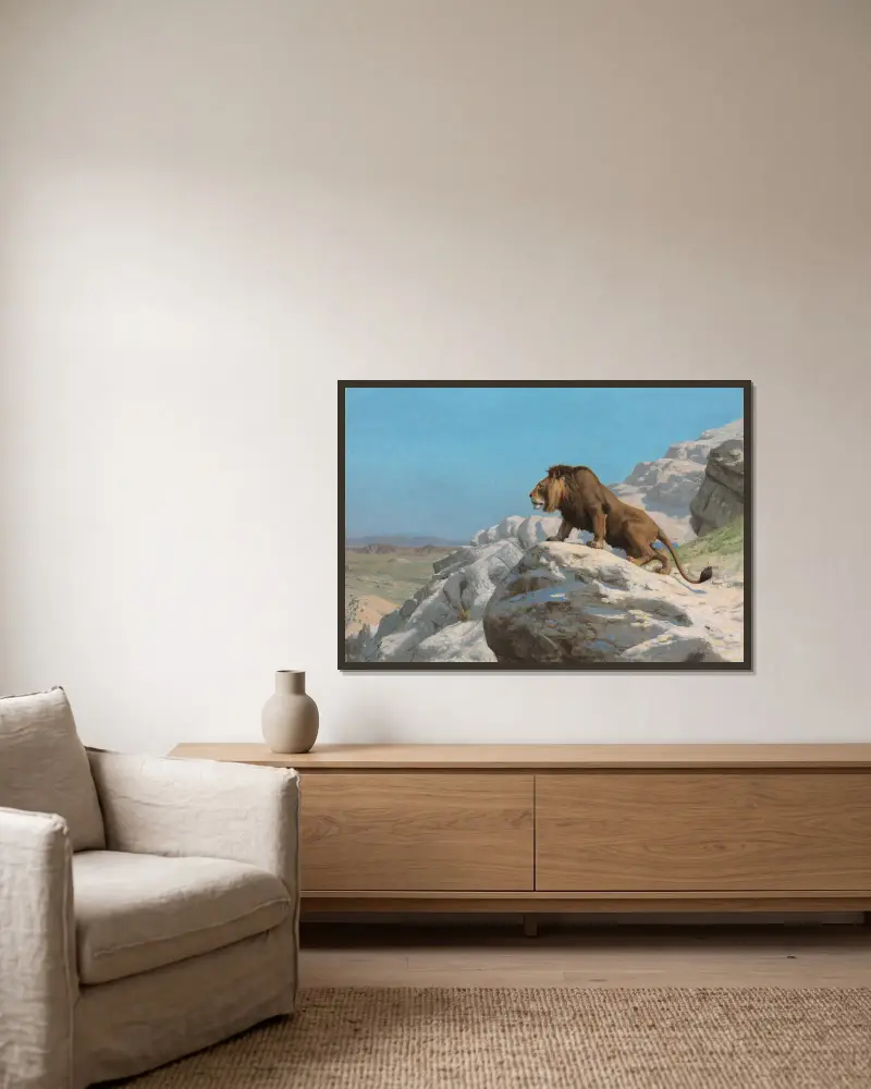 Der Löwe auf der Wacht von Jean-Léon Gérôme gerahmt an einer Wand