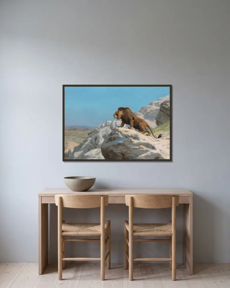 Der Löwe auf der Wacht von Jean-Léon Gérôme gerahmt an einer Wand