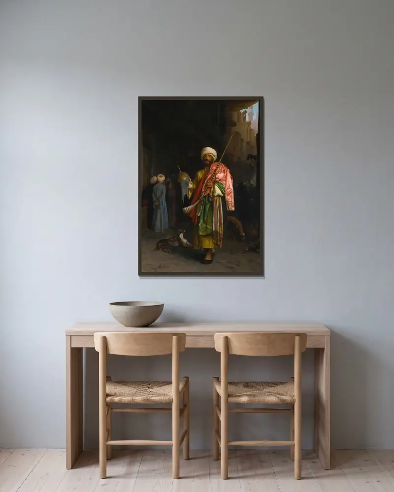 Kringvandrande försäljare i Kairo av Jean-Léon Gérôme inramad på en vägg