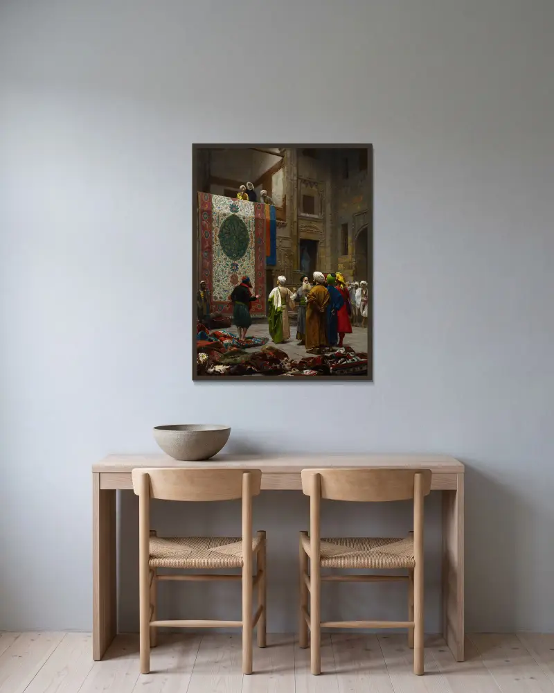 Der Teppichhändler von Jean-Léon Gérôme gerahmt an einer Wand