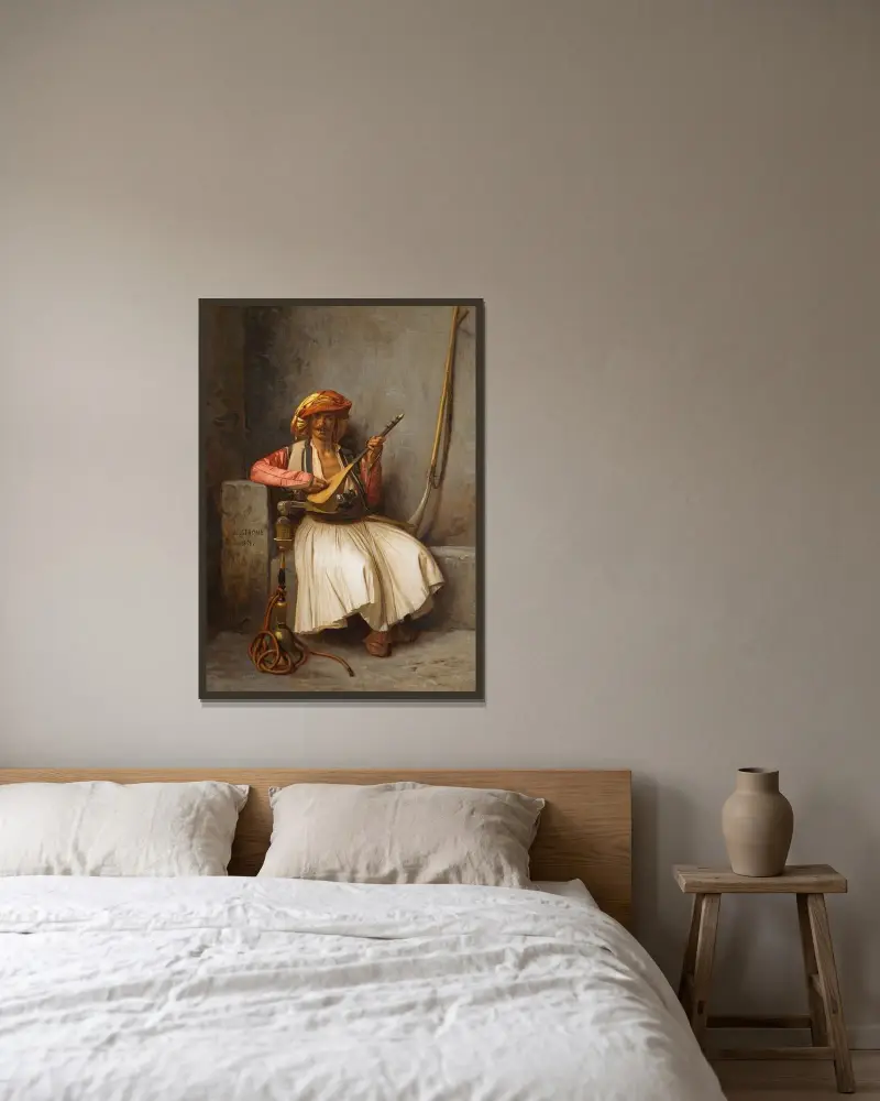 Lutspelaren av Jean-Léon Gérôme inramad på en vägg