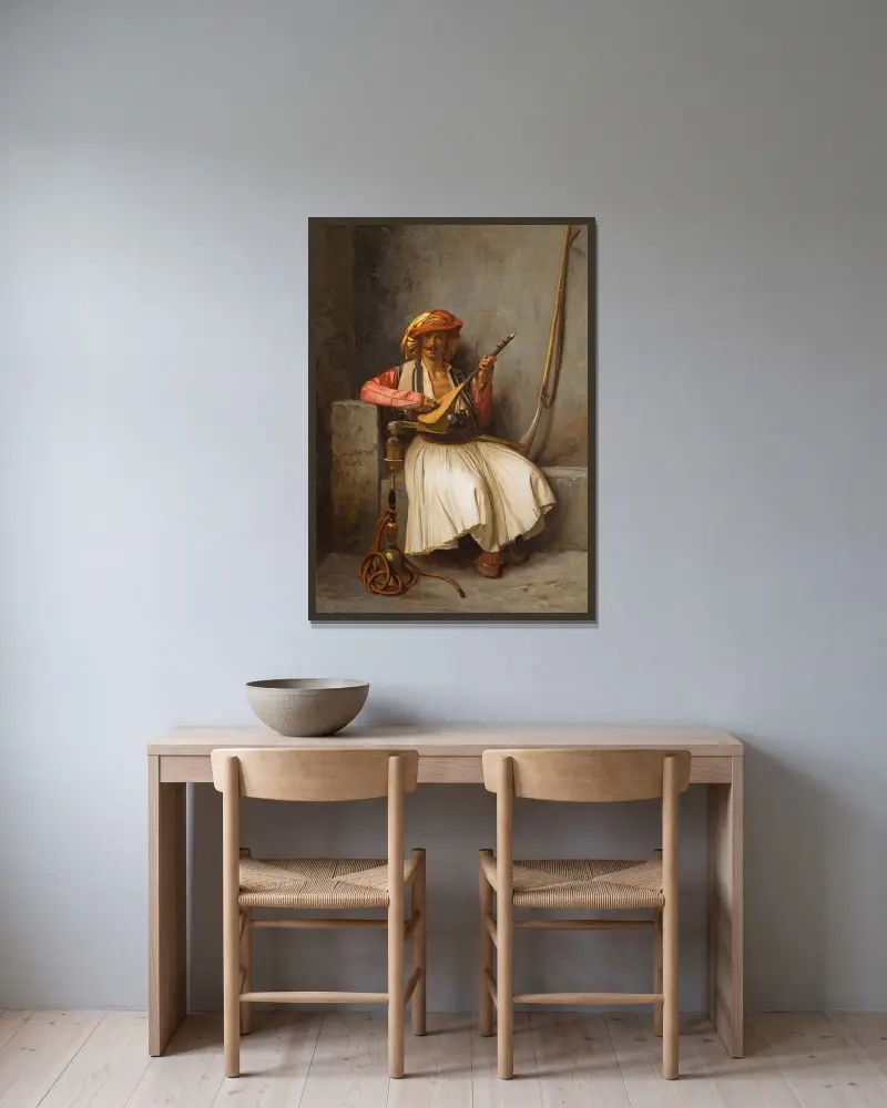 Lutspelaren av Jean-Léon Gérôme inramad på en vägg