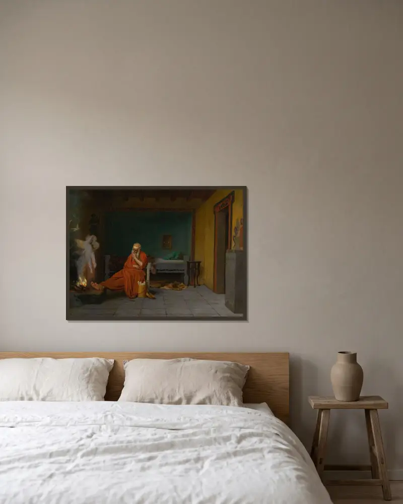 Diktaren drömmer om Cupido vid elden av Jean-Léon Gérôme inramad på en vägg