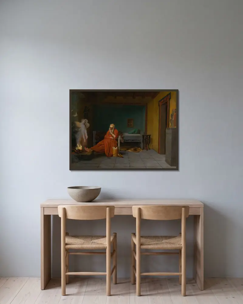 Diktaren drömmer om Cupido vid elden av Jean-Léon Gérôme inramad på en vägg
