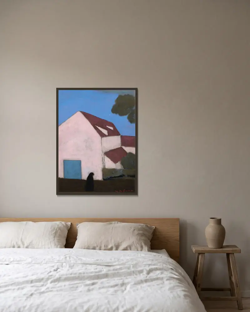 Gård med rosa fasad, kvinna i silhuett av Léon Spilliaert inramad på en vägg