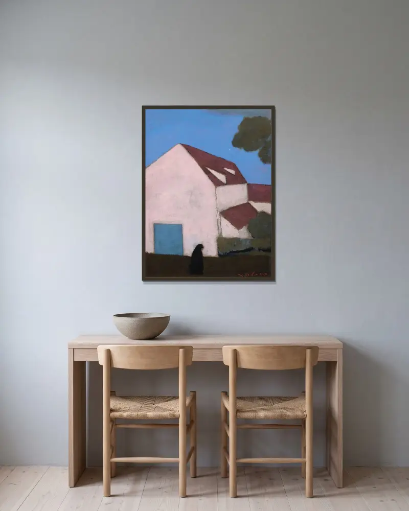 Gård med rosa fasad, kvinna i silhuett av Léon Spilliaert inramad på en vägg
