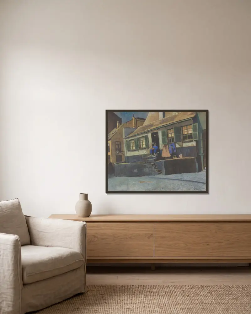 Huset ”De Preekstoel” i Oostende av Léon Spilliaert inramad på en vägg