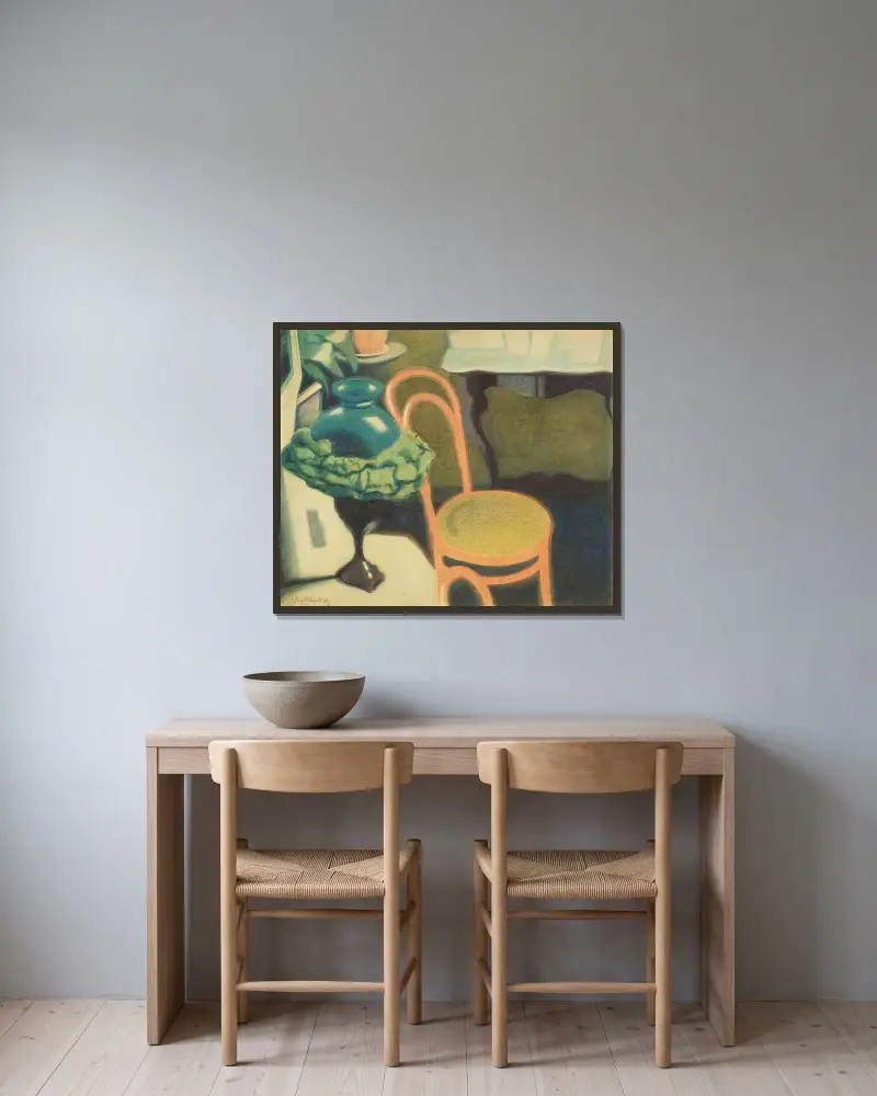 Interiör med stol och opallampa av Léon Spilliaert inramad på en vägg
