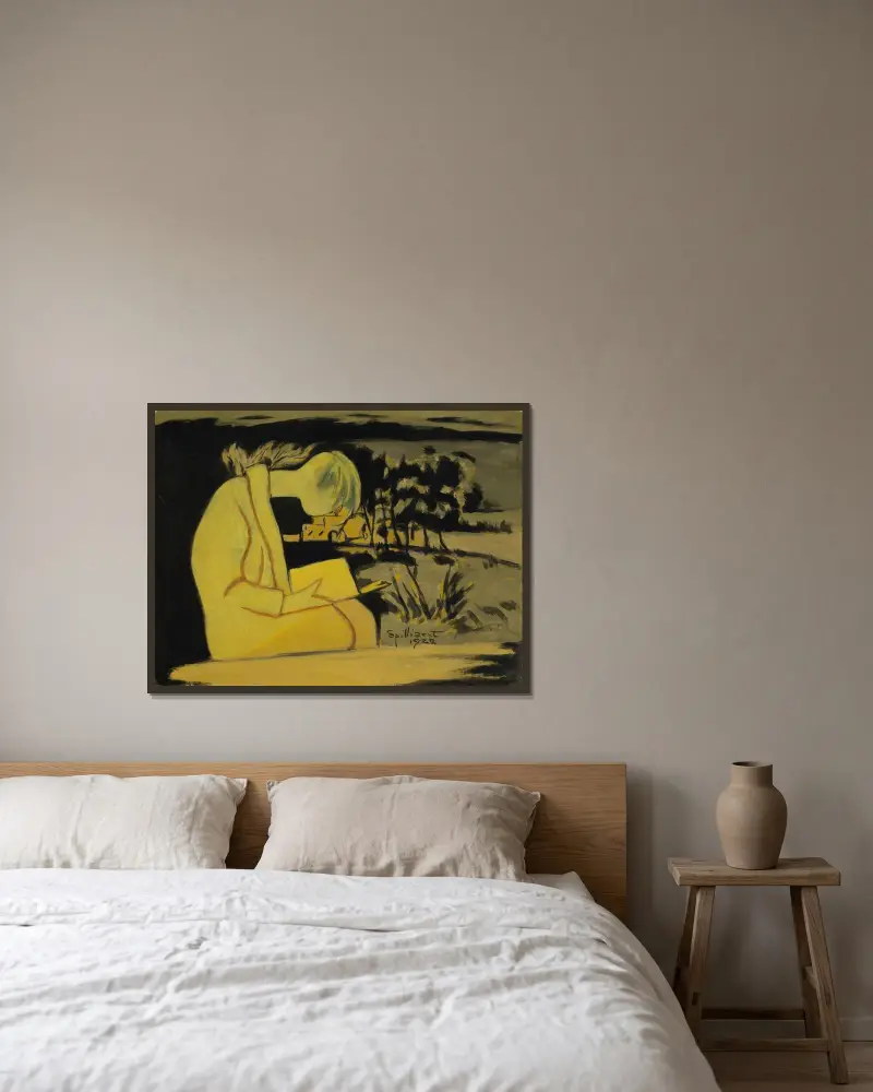 Ung flicka i gult, läsande av Léon Spilliaert inramad på en vägg
