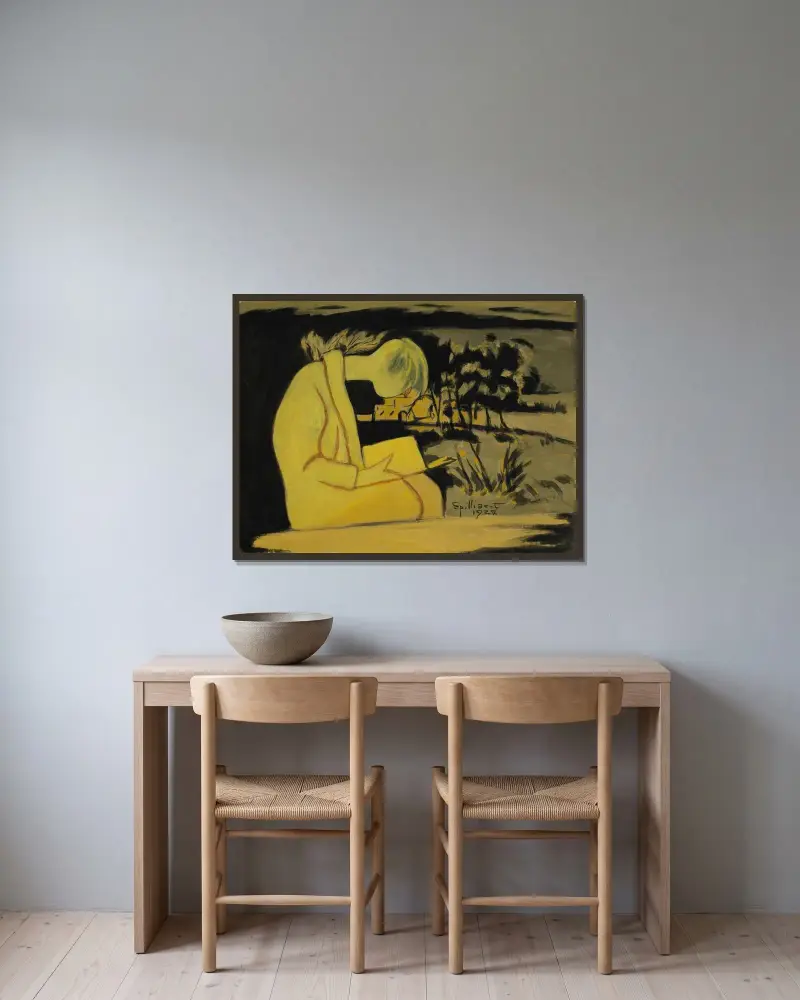 Ung flicka i gult, läsande av Léon Spilliaert inramad på en vägg
