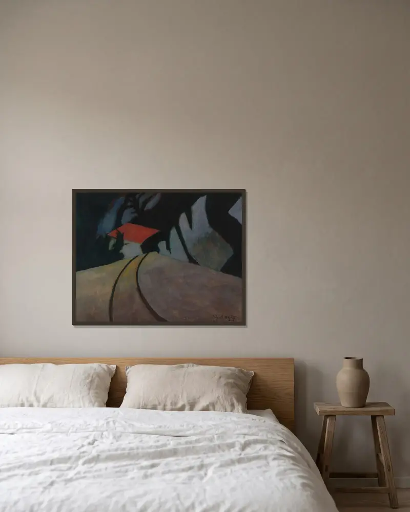 Landskap med rött tak av Léon Spilliaert inramad på en vägg