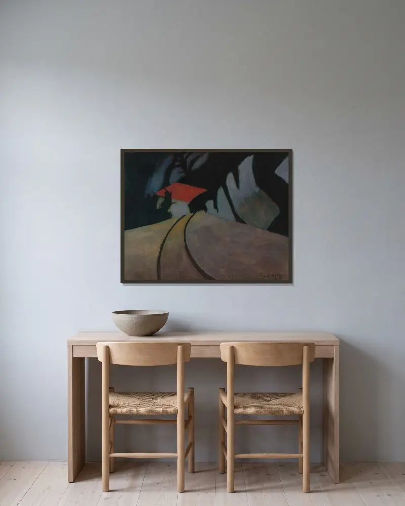 Landskap med rött tak av Léon Spilliaert inramad på en vägg