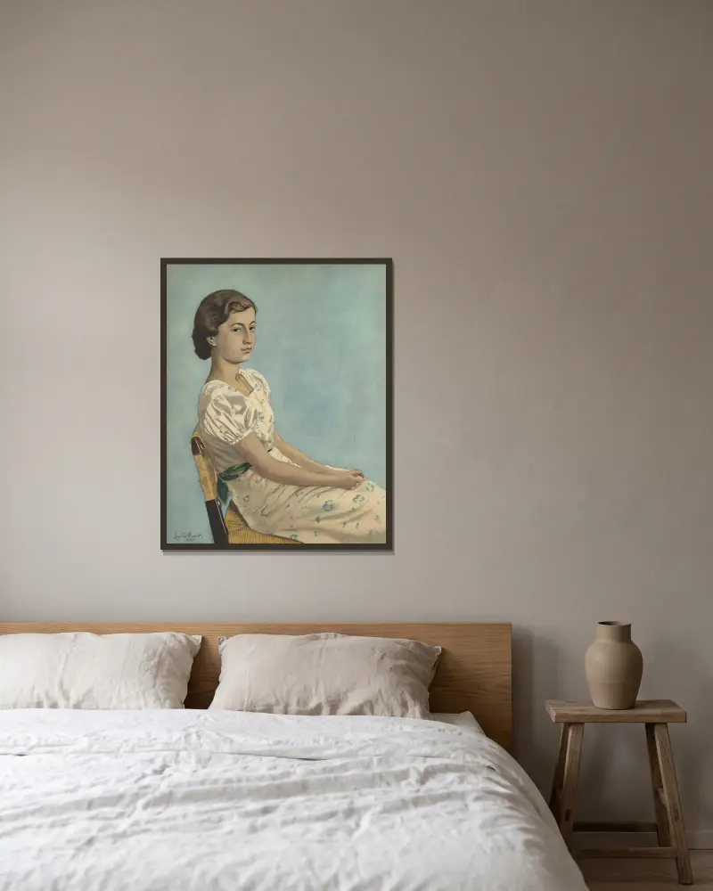 Porträtt av fröken Simonne Kremer av Léon Spilliaert inramad på en vägg